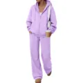 Solid color fleece tracksuit set featuring zip up hoodie and casual wide leg pants - Light Purple