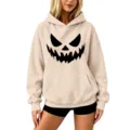 Casual Halloween pumpkin print dropped shoulder hooded sweatshirt for men and women apparel - S / Tops / Khaki