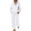 Detailed view of white fleece tracksuit, featuring hooded zip cardigan and wide-leg pants. - White