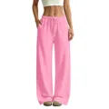 Pink wide-leg casual sweatpants detail showcasing elastic drawstring waist and deep side pockets. - S / Pink