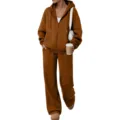 Brown zip hoodie and wide leg pants tracksuit set, casual fleece loungewear for daily wear. - Coffee