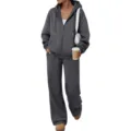 Dark grey fleece tracksuit set, featuring a zip-up hoodie and wide-leg sweatpants. - Dark Gray