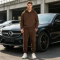 Men's solid color fleece-lined hoodie and sweatpants tracksuit casual two-piece set - Coffee