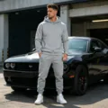 Men casual fleece lined tracksuit solid color hoodie and sweatpants set closeup view. - S / Top And Bottom / Light Gray