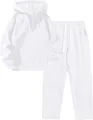 Detail shot of white half-zip hoodie and matching sweatpants set, soft texture and drawstring. - S / Top And Bottom / White