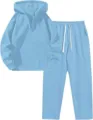 Dettagli della felpa con cappuccio mezza zip azzurro e pantaloni della tuta donna. - Blu Chiaro