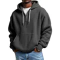 Men's dark grey waffle knit quarter-zip hoodie with hood and drawstrings for casual wear. - S / Tops / Black