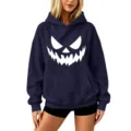 Sudadera casual con capucha de manga larga con un estampado de cara de calabaza de Halloween. - S / Tops / Azul marino