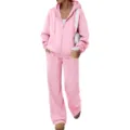 Conjunto de chándal de felpa rosa con sudadera con capucha y cremallera y pantalón ancho. - S / Superior E Inferior / Rosa