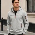 Herren Halb-Zip Fleece Kapuzenpullover Casual Sport Tasche Sweatshirt Grau Streetwear Detail - S / Oberteile / Hellgrau