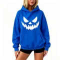 Blue Halloween pumpkin print hoodie, casual drop shoulder hooded sweatshirt for men and women. - S / Tops / Blue