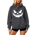Dark grey hoodie with white Halloween pumpkin print, drop shoulder casual hooded sweatshirt. - S / Tops / Dark Gray