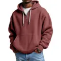 Men's stylish waffle knit quarter zip hoodie casual long sleeve hooded sweatshirt top - Red