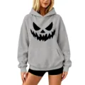 Halloween pumpkin print casual hooded sweatshirt for men and women with dropped shoulder. - S / Tops / Light Gray