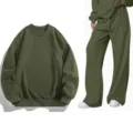 Conjunto de chándal casual liso con sudadera de manga larga y pantalones anchos. - Verde Militar