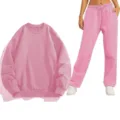 Conjunto de chándal informal rosa liso con sudadera de cuello redondo y pantalones. - Rosa
