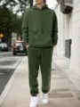 Men's solid fleece hooded sweatshirt and sweatpants tracksuit casual sportswear set. - S / Top And Bottom / Army Green