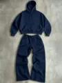 Lässiger amerikanischer Marineblau Hoodie und weite Jogginghose Set, bequeme weite Passform. - S / Oberteil und Hose / Marineblau Set