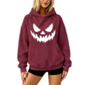 Halloween pumpkin print casual drop shoulder hooded sweatshirt for men and women. - S / Tops / Burgundy