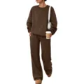 Solid brown long sleeve sweatshirt and sweatpants tracksuit casual couple outfit for autumn spring - Coffee