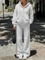 Casual grey zip-up hoodie and wide-leg sweatpants tracksuit set for women autumn fashion style - S / Top And Bottom / Light Gray