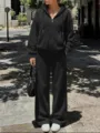 Casual solid black zip hoodie and wide leg sweatpants set, comfortable streetwear detail. - S / Top And Bottom / Black