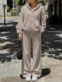 Casual solid beige zip hoodie and wide leg sweatpants tracksuit detail view showing soft fabric. - S / Top And Bottom / Camel