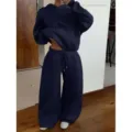 Womens fleece tracksuit casual two piece set winter warm hoodie and wide leg sweatpants - Navy Blue