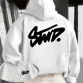 Stylish white hoodie featuring bold back graffiti print, casual streetwear top for men. - White