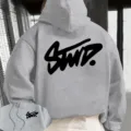 Casual grey hoodie for men and women featuring stylish black graffiti print on back and chest. - S / Tops / Gray