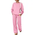 Pink solid color crewneck sweatshirt and sweatpants loungewear set for women, casual daily wear. - Pink