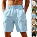 Men's casual linen cargo shorts with elastic drawstring waist and multiple pockets for beach. - Light Blue