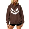 Brown Halloween pumpkin print hoodie for women, casual long sleeve hooded sweatshirt top. - S / Tops / Coffee