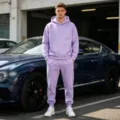 Men fleece hoodie and sweatpants set, light purple casual sports two-piece tracksuit. - Light Purple