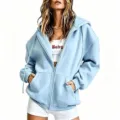 Casual light blue zip-up hoodie for women, cozy fleece oversized athletic jacket with hood. - Light Blue
