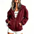 Oversized maroon zip-up hoodie women casual fleece jacket solid autumn winter outerwear top - Burgundy