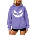 Purple Halloween pumpkin face hoodie, drop shoulder casual long sleeve hooded sweatshirt for women. - S / Tops / Lavender