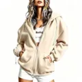 Beige casual zip-up fleece hooded sweatshirt detail view, comfortable daily outerwear. - Khaki