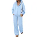 Light blue fleece tracksuit set featuring a zip-up hooded cardigan and matching wide-leg pants. - Light Blue