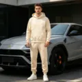 Men solid color fleece lined hooded sweatshirt and sweatpants casual tracksuit beige - Khaki