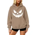 Khaki Halloween Pumpkin Face Print Casual Drop Shoulder Long Sleeve Hoodie for Women - S / Tops / Camel