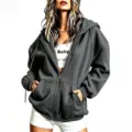 Women grey oversized zip-up fleece hoodie casual hooded sweatshirt with front pockets - Dark Gray