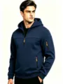 Felpa con cappuccio blu scuro da uomo mezza zip con tasche multiple top casual - Blu navy