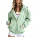 Casual zip-up fleece hoodie detail, solid color long sleeve hooded sweatshirt for women. - Bean Green