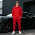 Men solid red fleece hoodie and sweatpants set casual sportswear activewear two piece suit - Red