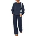 Solid navy blue crewneck sweatshirt and sweatpants set, comfortable casual sportswear outfit. - Navy Blue