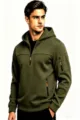 Felpa con cappuccio e mezza zip da uomo verde oliva, con tasche multiple e tiremulla stilose. - Verde militare