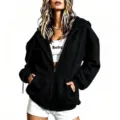 Black zip-up hoodie for women, casual long sleeve oversized sweatshirt with hood and pockets. - S / Tops / Black