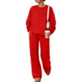 Solid color red tracksuit set featuring long sleeve sweatshirt and casual pants for women. - Red