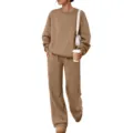 Solid color long sleeve sweatshirt and sweatpants tracksuit set for daily casual wear. - Camel